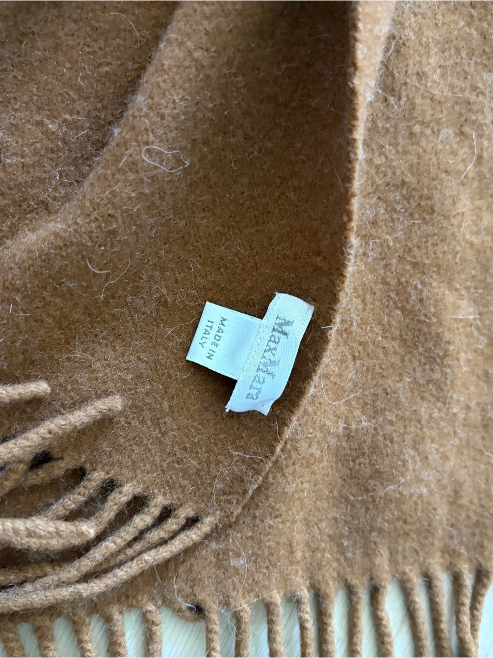 MaxMara Camel Brown Wool Fringe Scarf